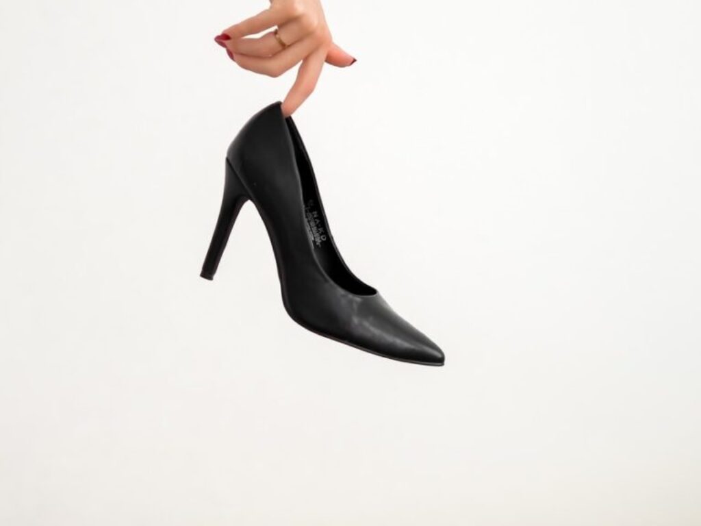 woman in black leather heeled shoes