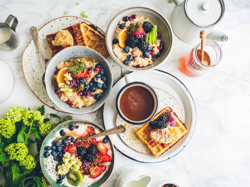 fruit salad on gray bowls