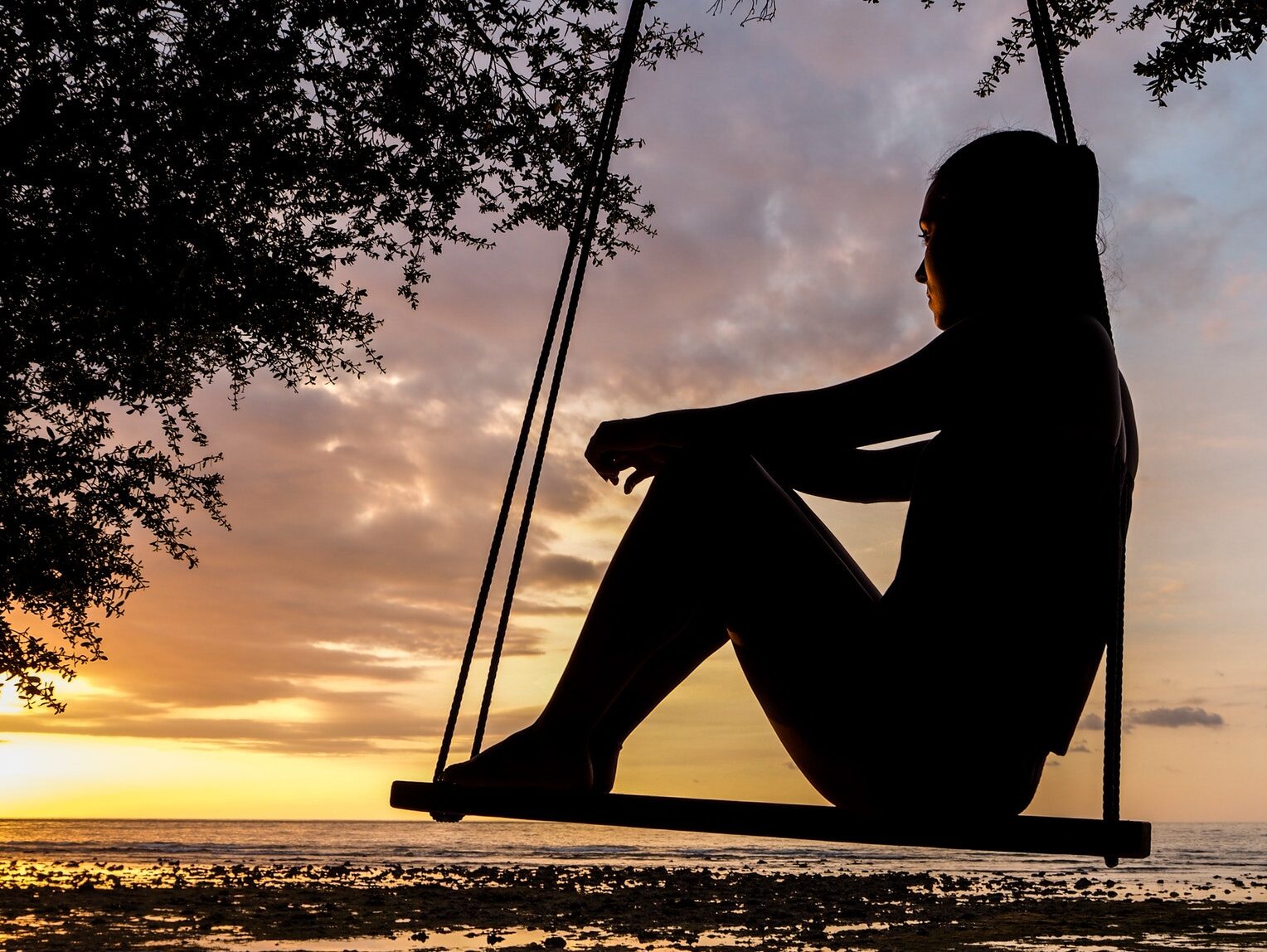 Silhouette of Woman on Swing during Golden Hour