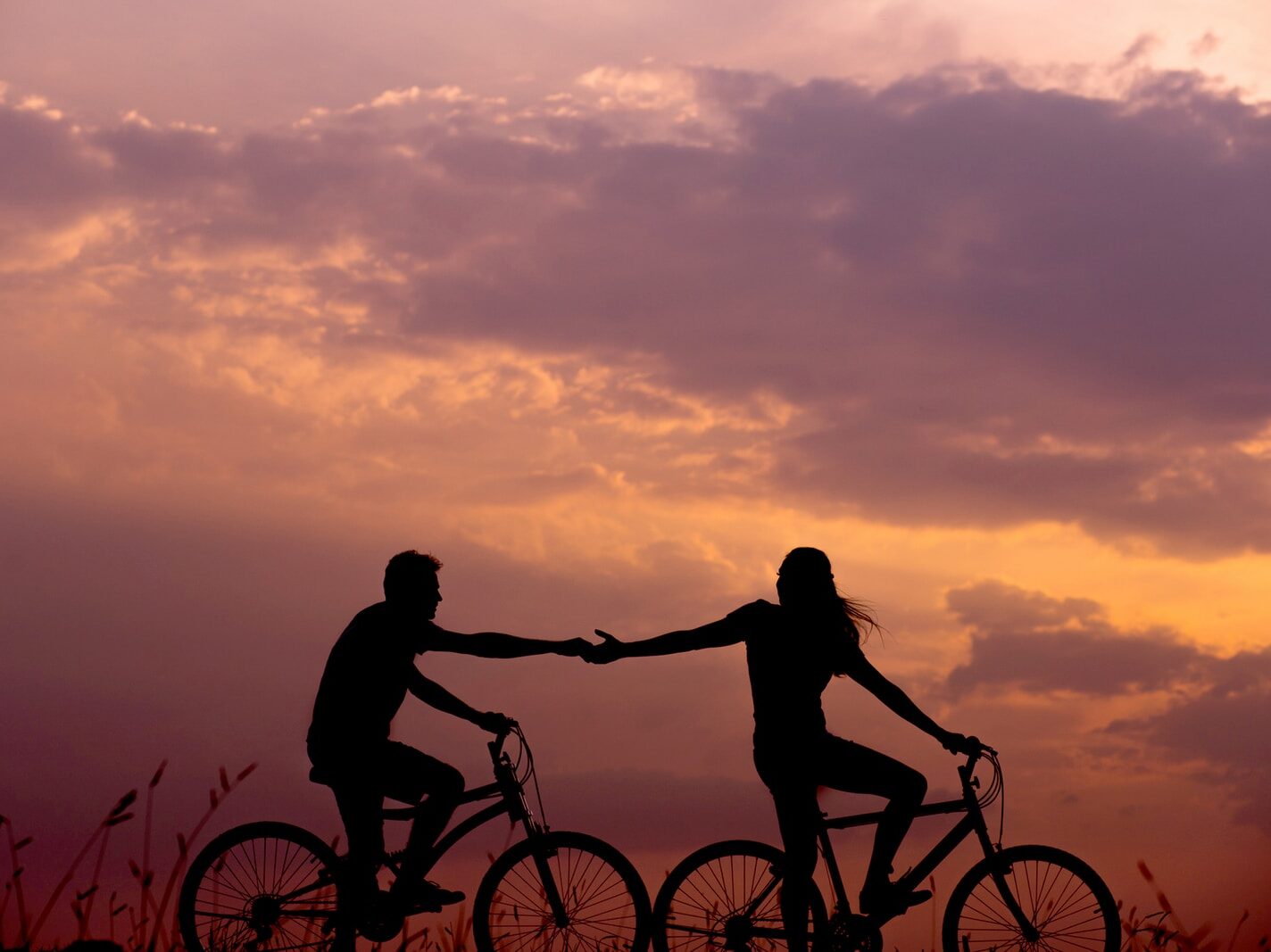 woman on bike reaching for man's hand behind her also on bike