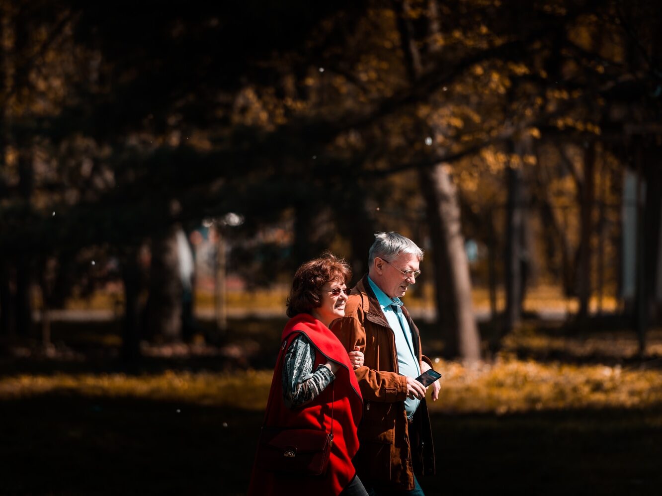 man and woman walking beside trees