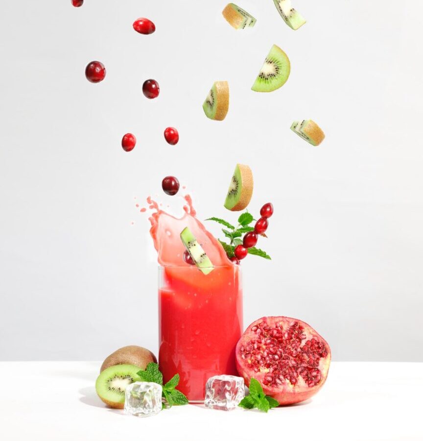 strawberry juice in clear drinking glass