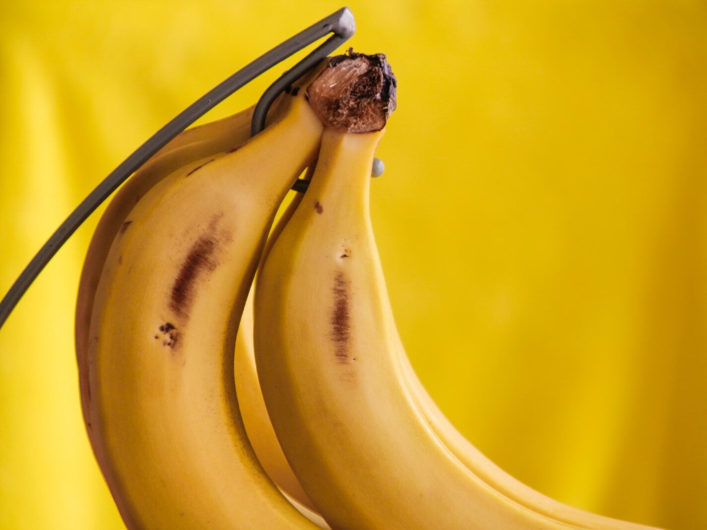 yellow banana fruit with brown stick