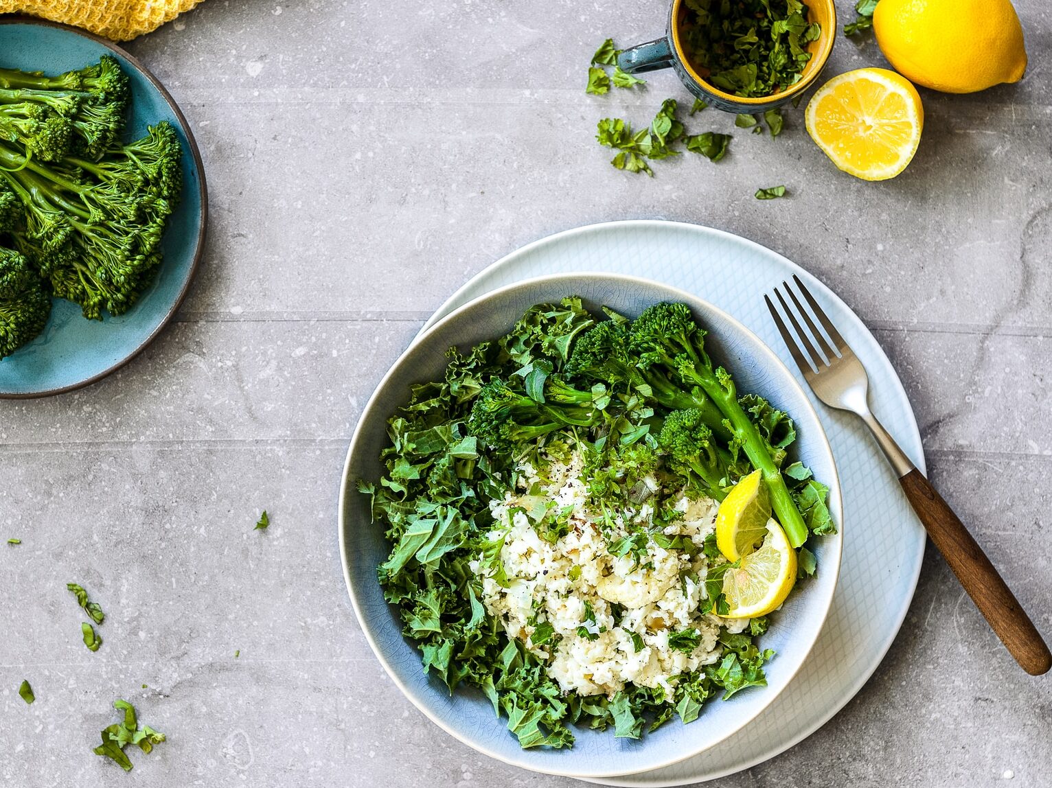 bowl of vegetables beside fork