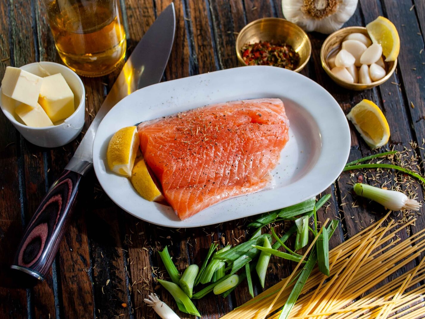 flat lay photography of raw salmon fish