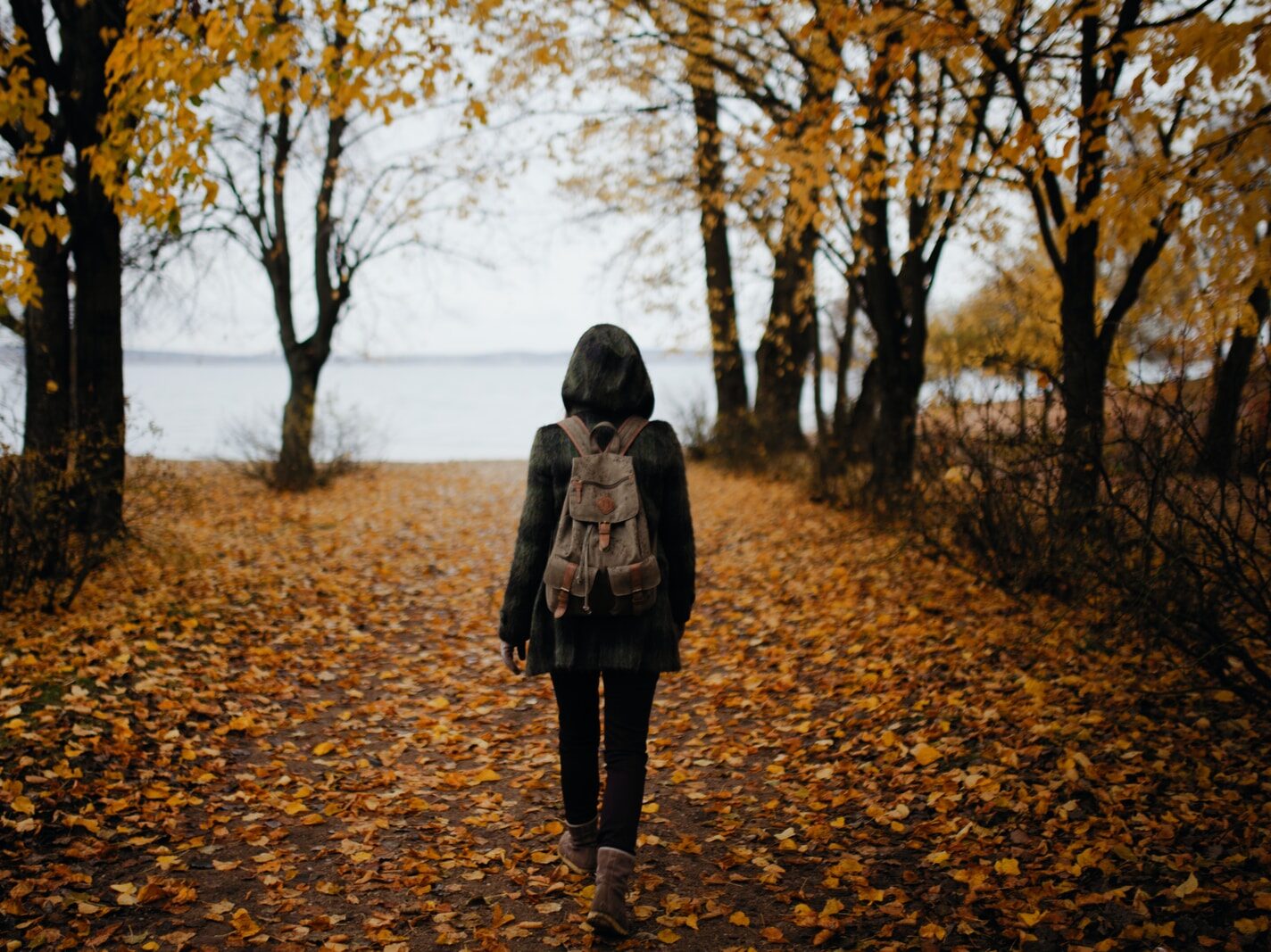 woman walking on pathway with falling leaves near body of water during daytime