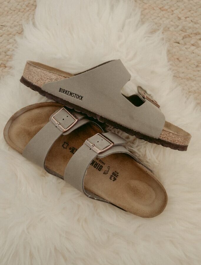brown and gray slide sandals