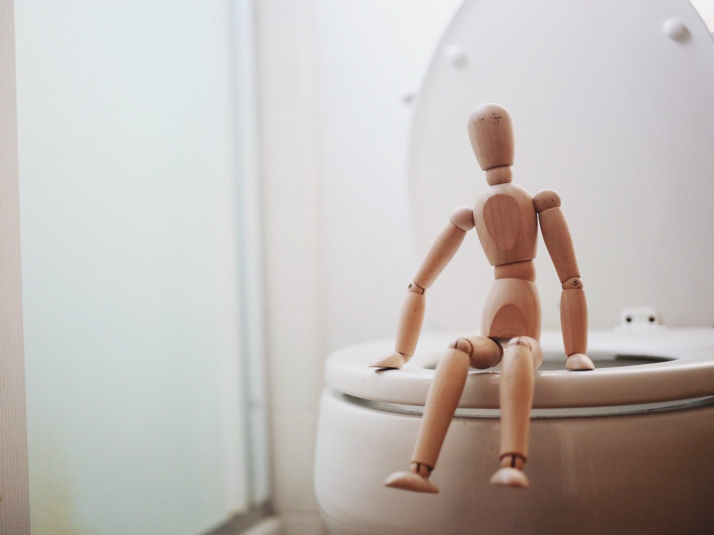 brown wooden doll on white ceramic toilet bowl