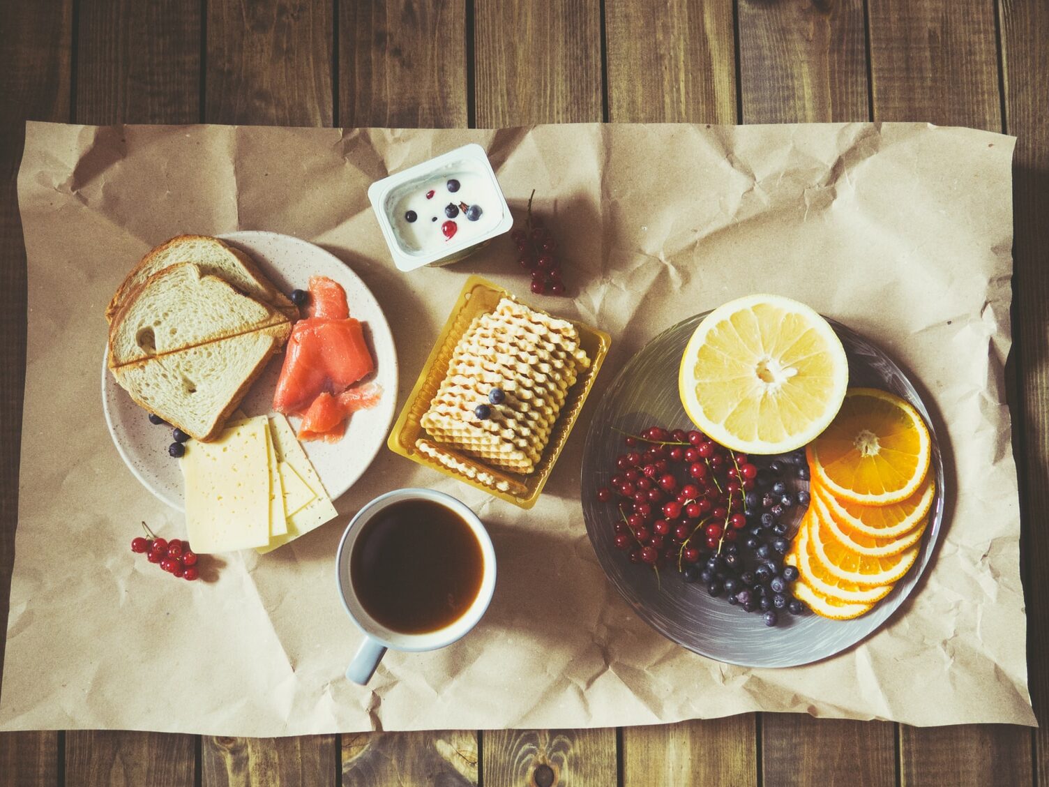 bread and fruits on plate