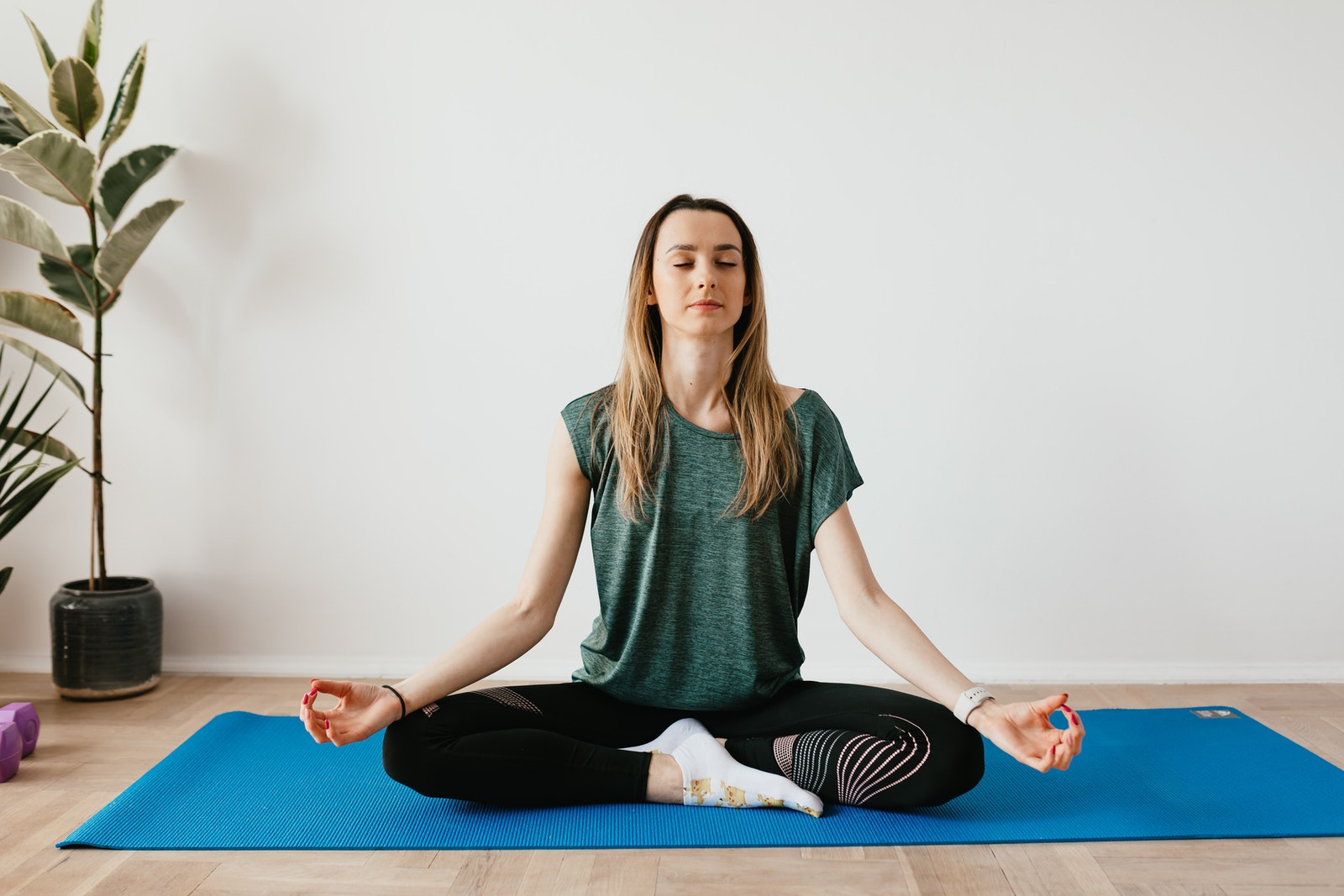 Serene blond lady in sportswear sitting with crossed legs and closed eyes while practicing yoga at home near potted plants