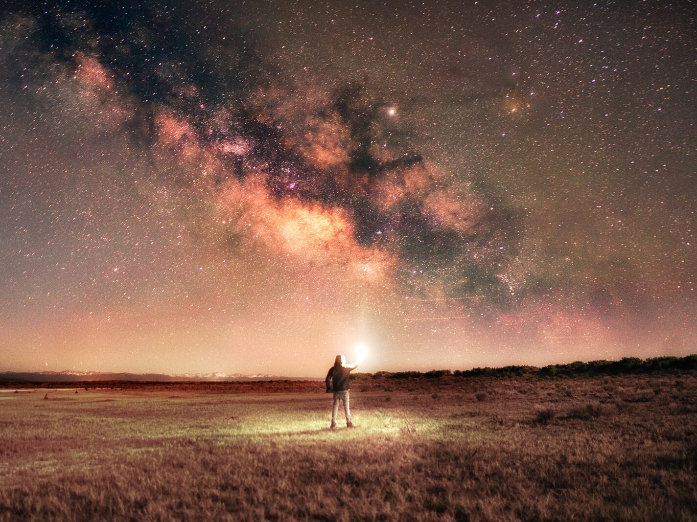 man in white shirt standing on brown grass field under starry night