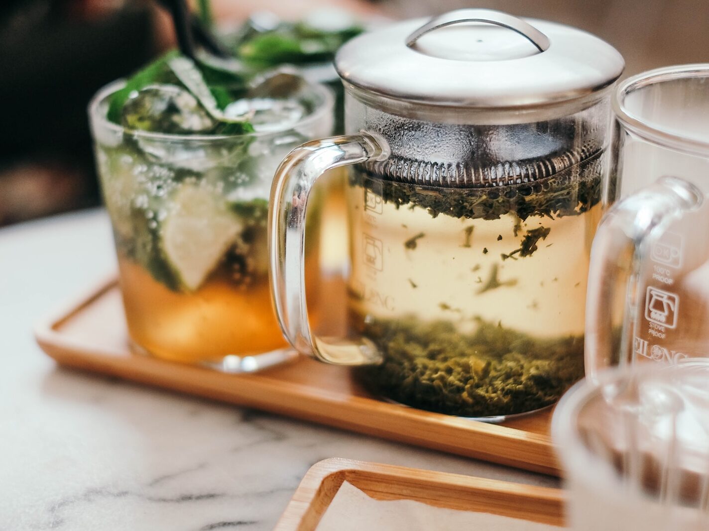 clear glass mug on tray