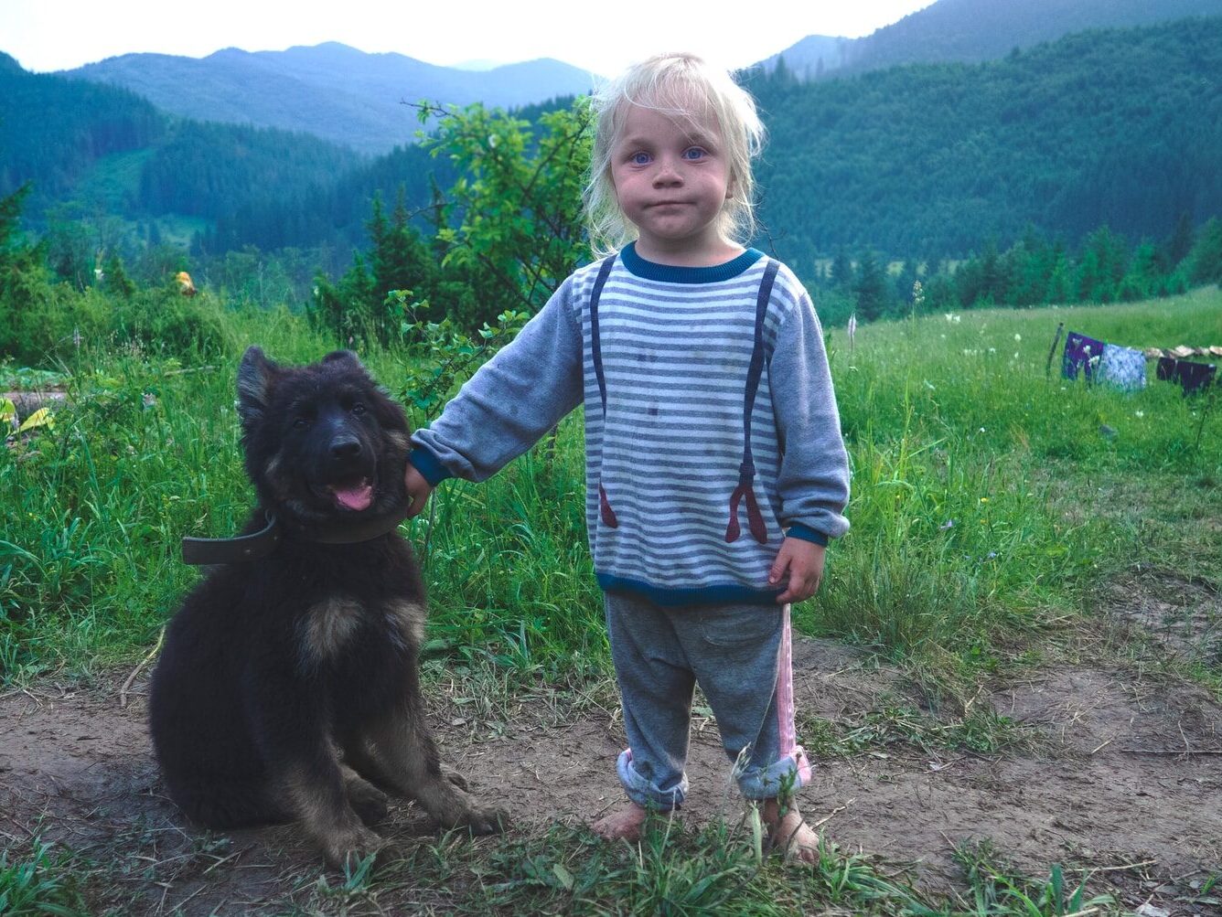 girl wearing blue striped shirt beside black dog
