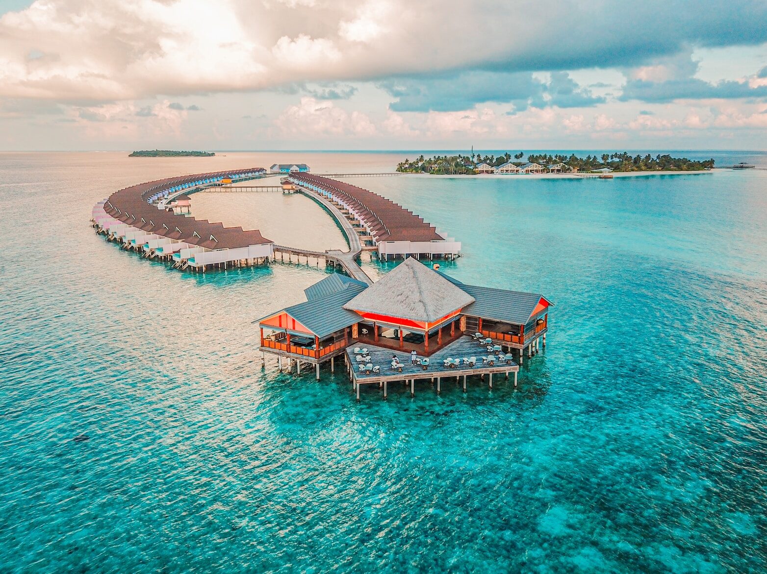 aerial photography of resort rooms and island