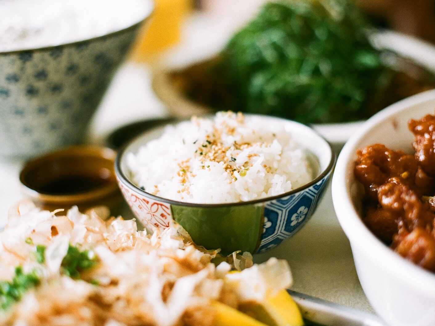 white and blue ceramic bowl with rice