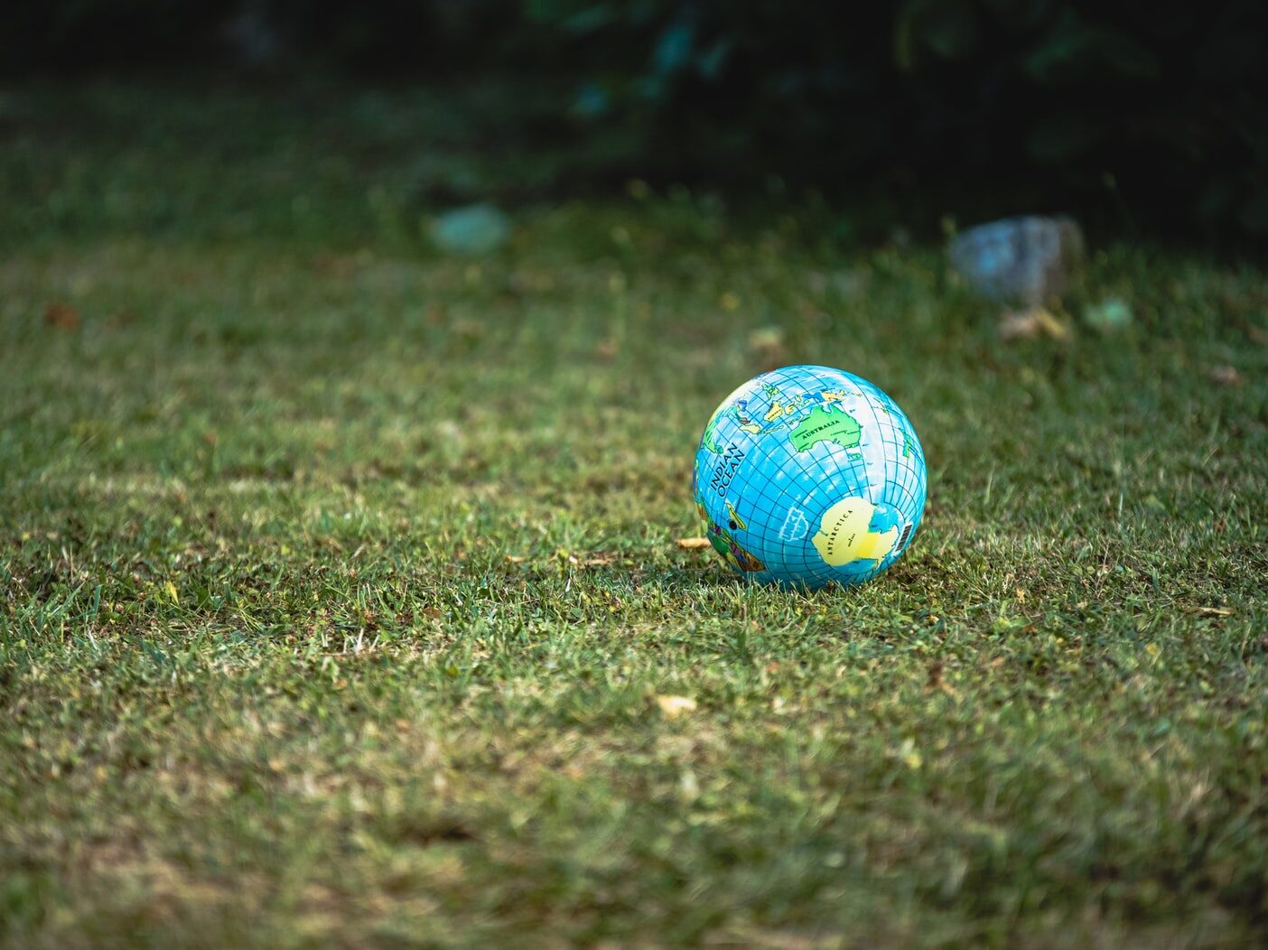 blue and white desk globe on green grass field during daytime