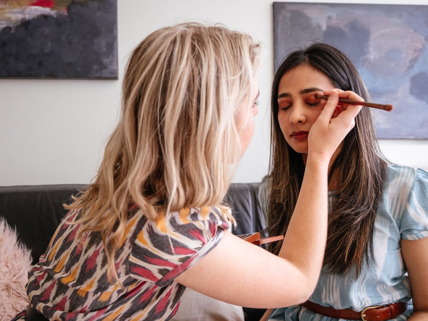 woman in blue and red shirt