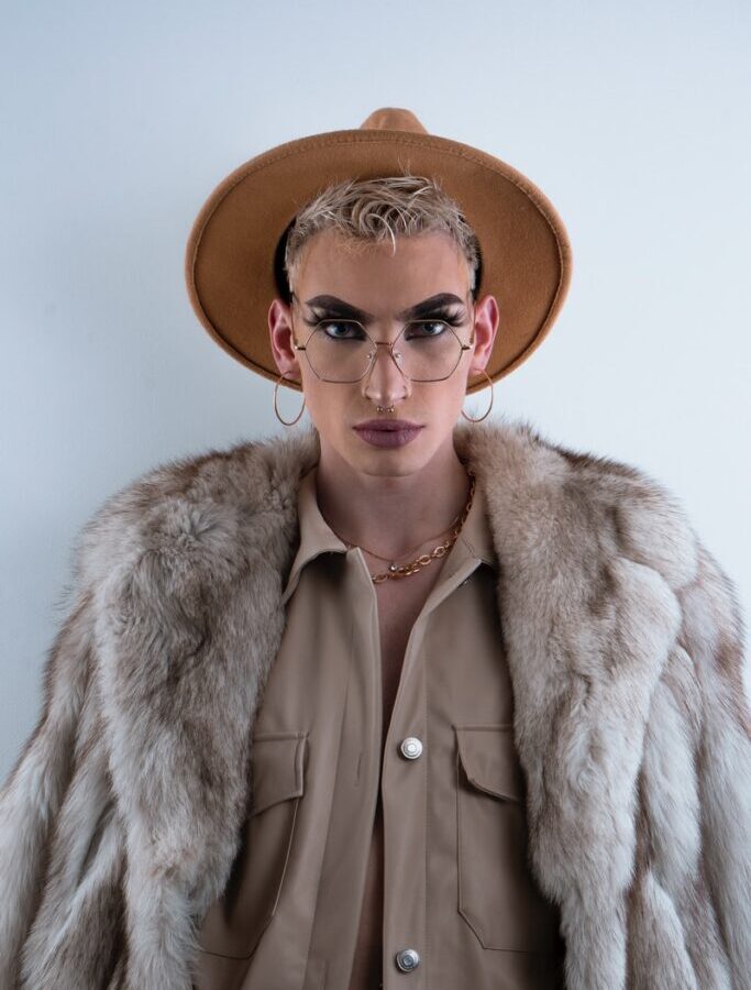 woman in brown fur coat wearing brown hat
