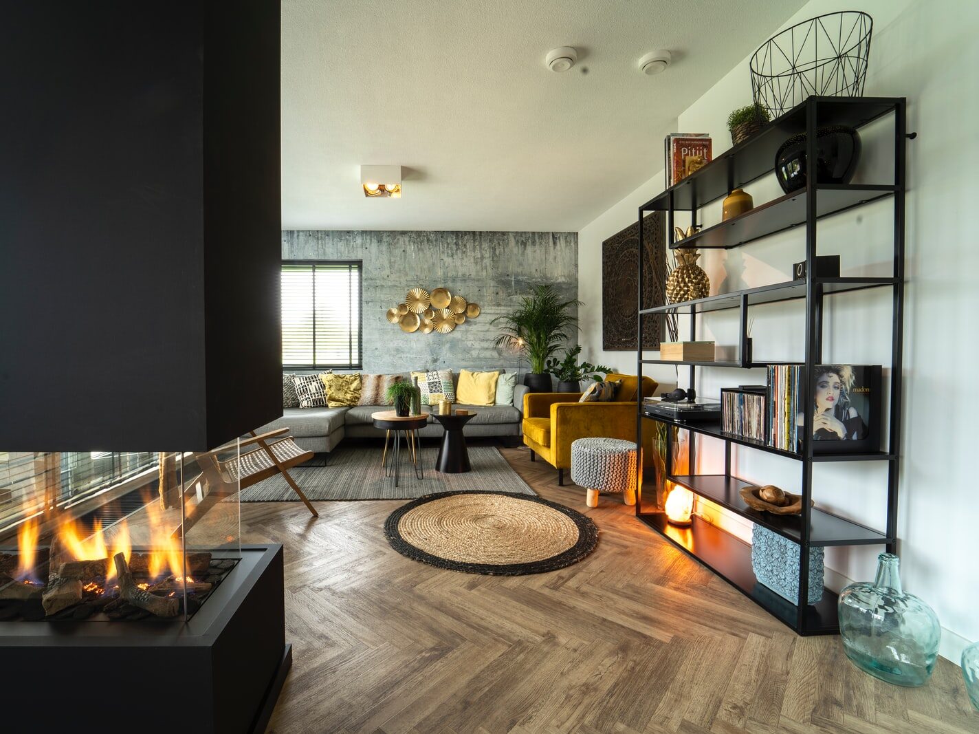 black fireplace near black flat screen tv