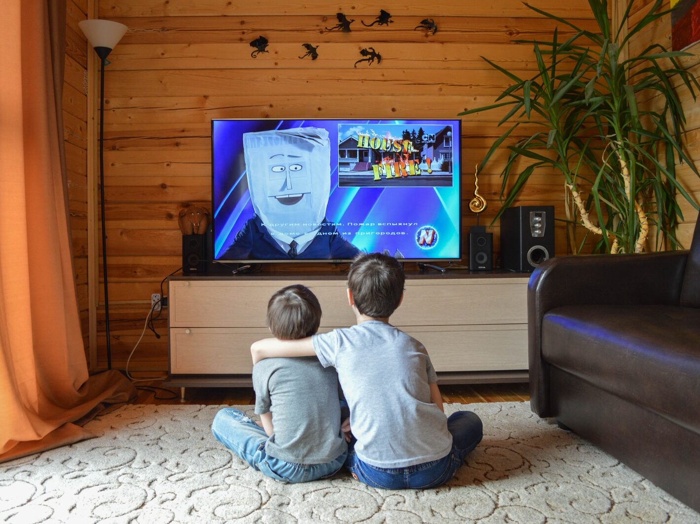 Anonymous siblings cuddling and watching TV at home