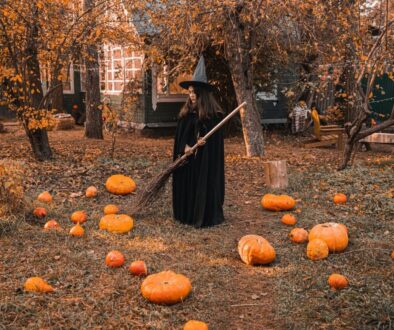 Woman in Black Dress Standing on Brown Dried Leaves