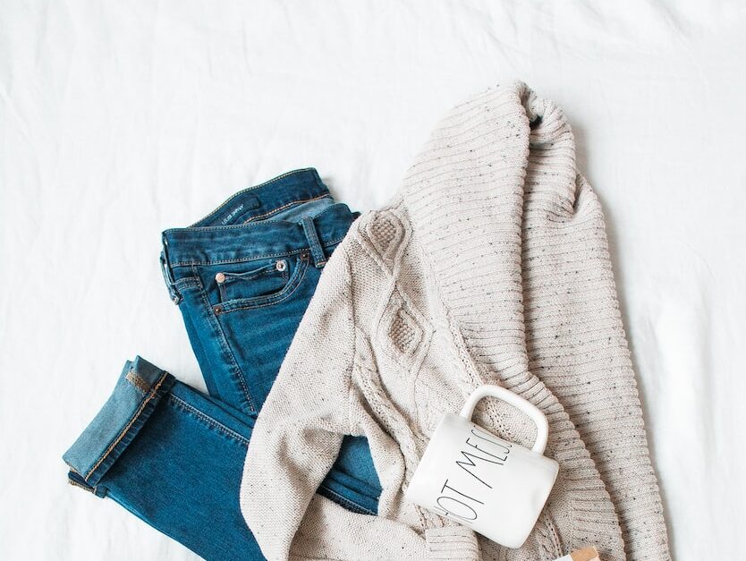 gray cardigan, blue jeans, and pair of brown chunky heeled shoes