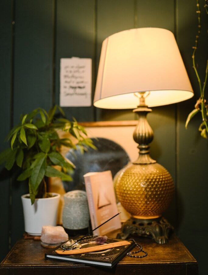 Brown and White Table Lamp on Brown Wooden Table
