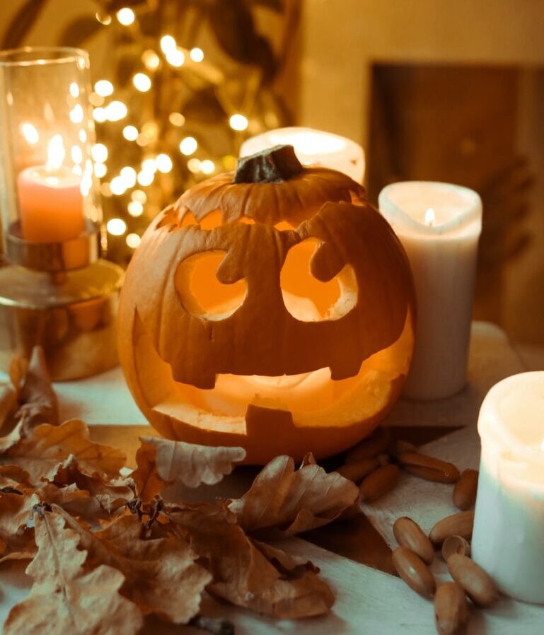 jack o lantern on gray textile