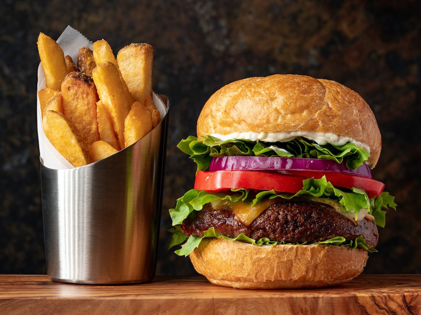 burger with lettuce and fries