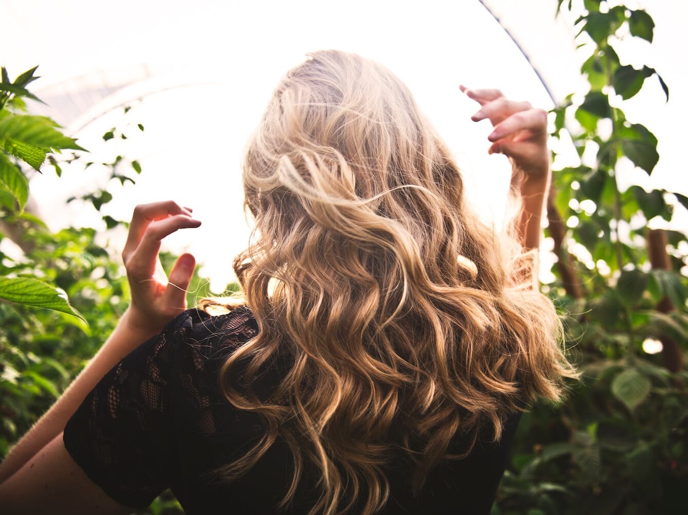 blonde haired woman in black top surrounded by tall plants