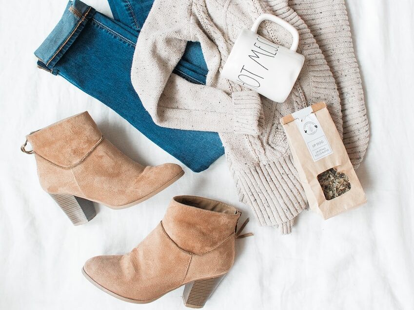 gray cardigan, blue jeans, and pair of brown chunky heeled shoes