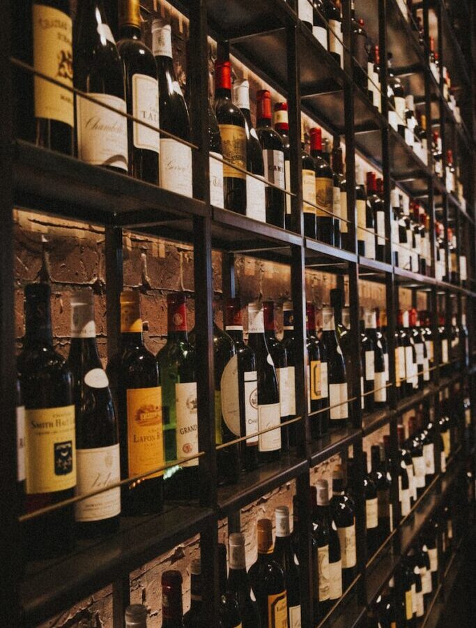 wine bottles on rack