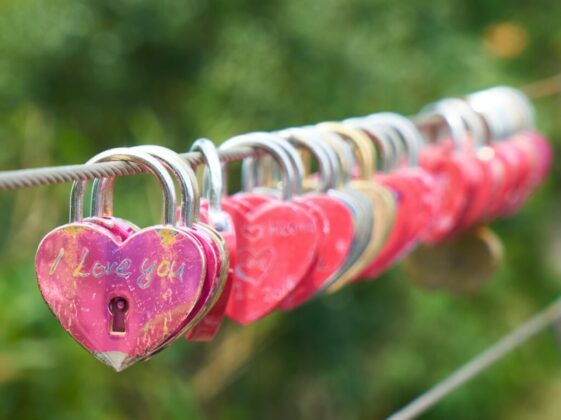red and gold padlock on gray metal wire