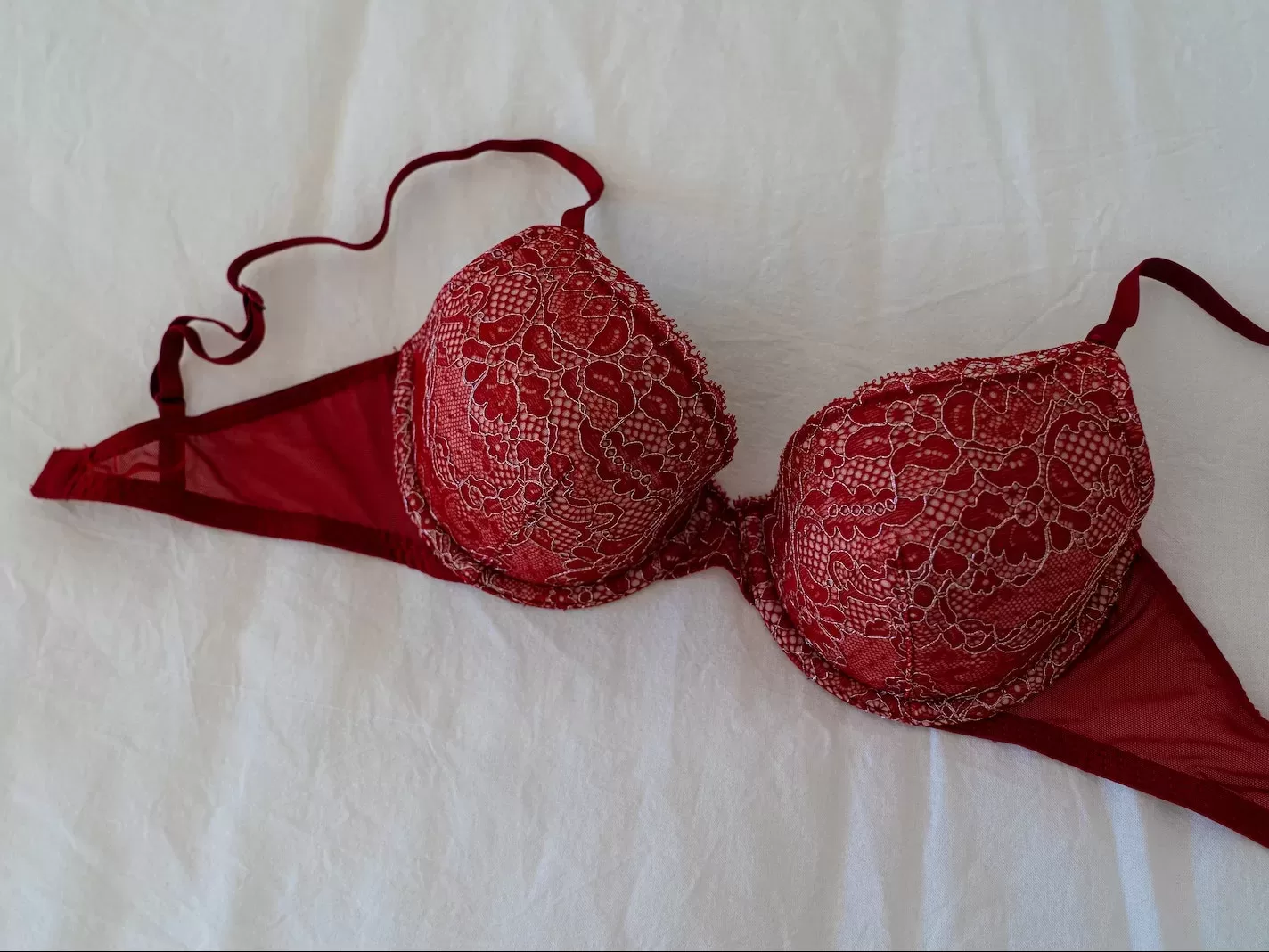 Red Brassiere on White Textile