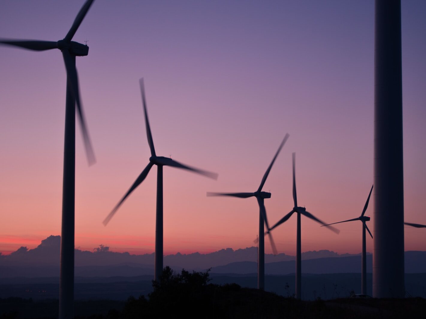 silhouette of wind turbines during sunset