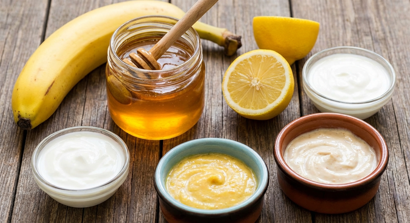 Close-up of hands blending clay mask with skincare essence in minimalist setting.