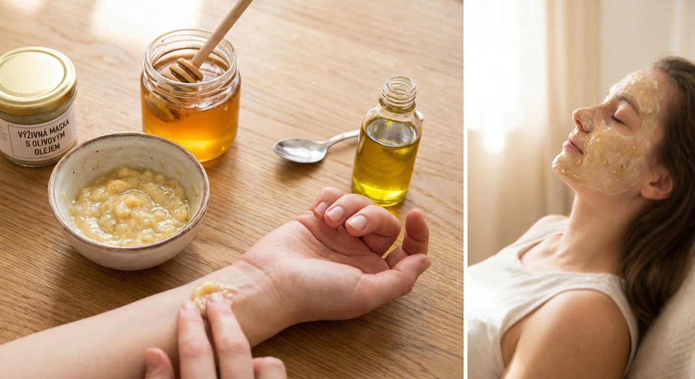 Flat lay of natural skincare set with honey dipper, soap, and serum dropper bottles.
