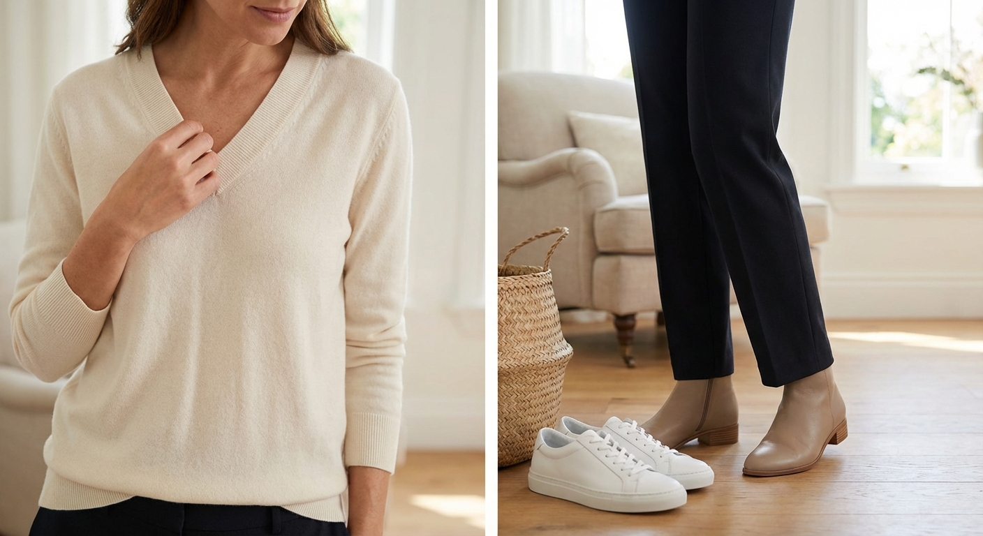 Close-up of a stylish gold insect brooch pinned on a black ribbed blouse, under a grey blazer.