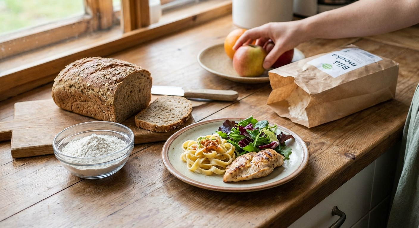 A rustic arrangement of sliced wheat bread with wheat ears and grains on a wooden surface.