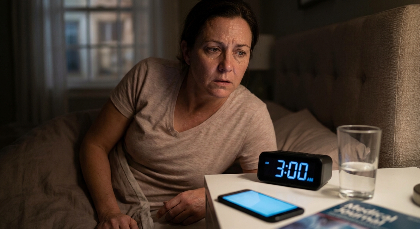 A restless man lying awake on his bed in a dimly lit bedroom at night.