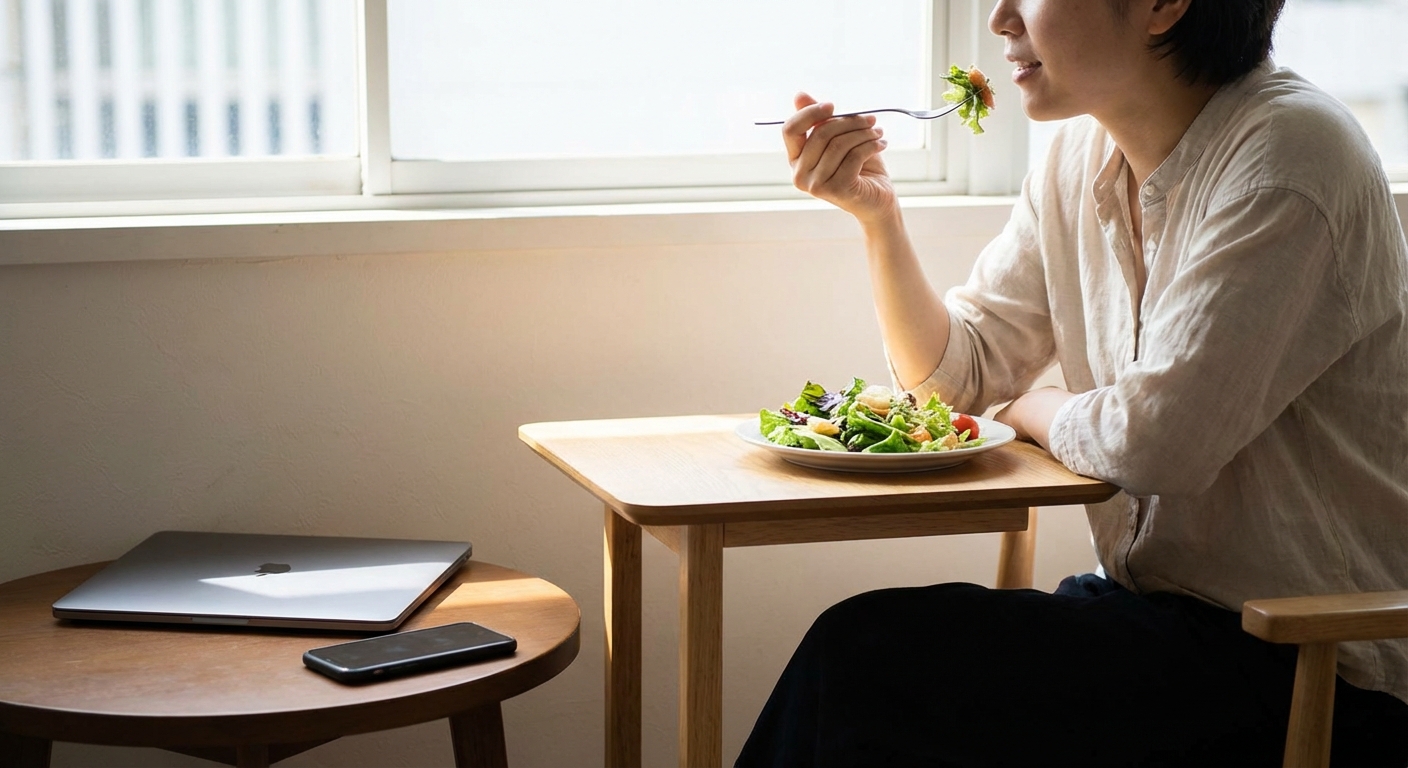 A top-down view of a desk with a laptop and healthy takeout meal in a serene workspace.