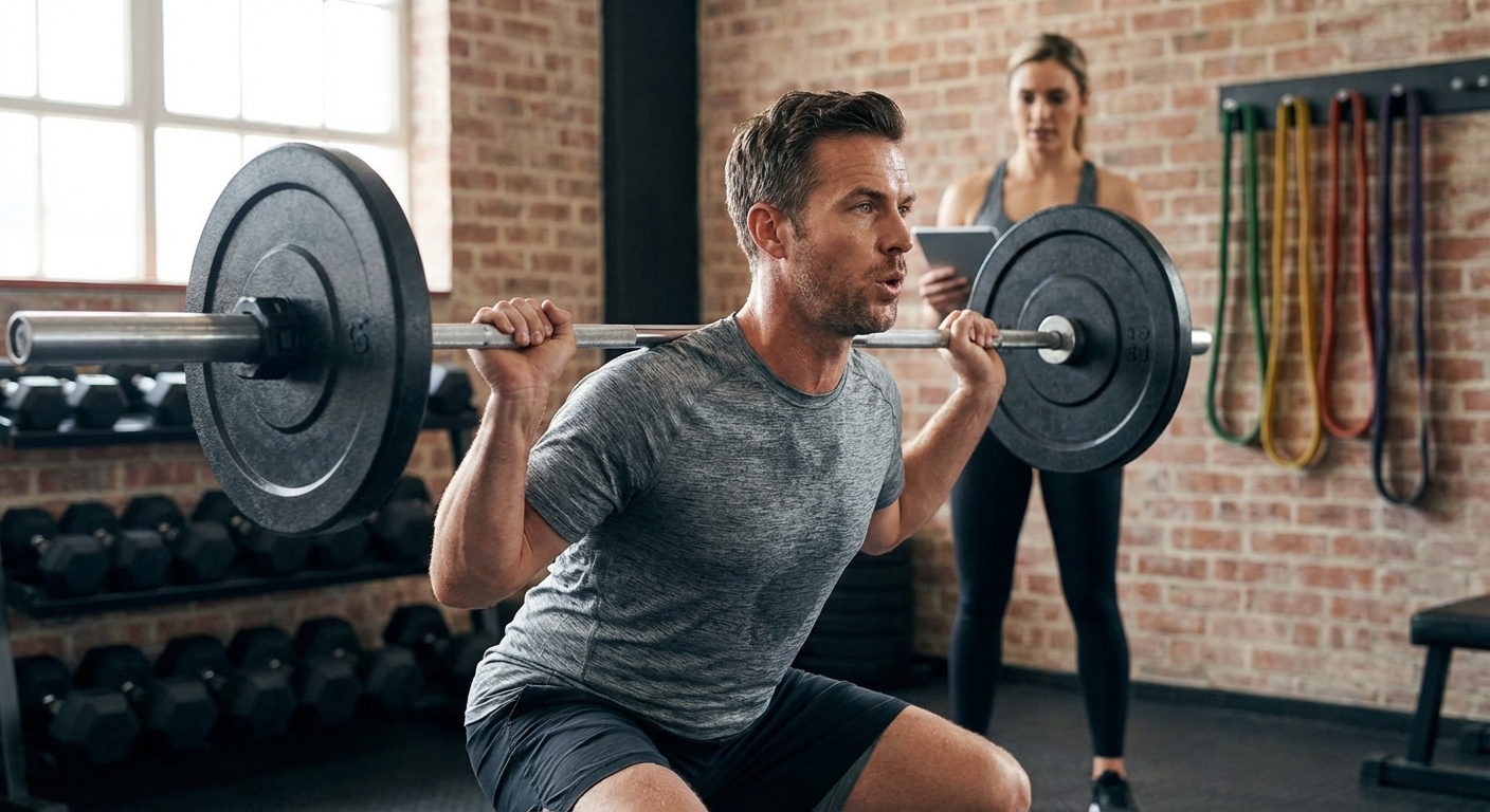 Woman in gym attire reflects in mirror while preparing for weightlifting session.
