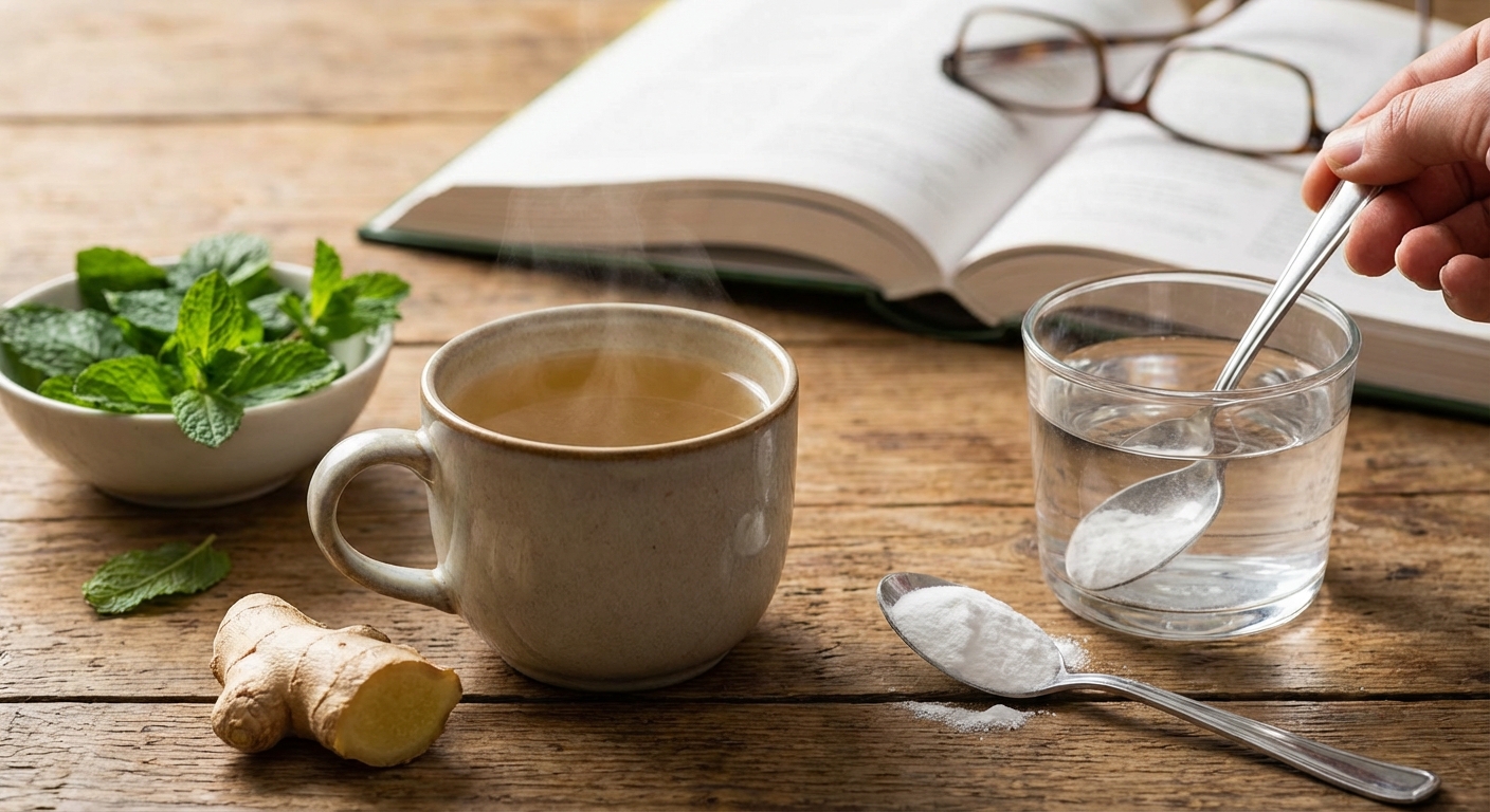 A warm cup of lemon ginger tea surrounded by fresh lemon slices and ginger root on slate.