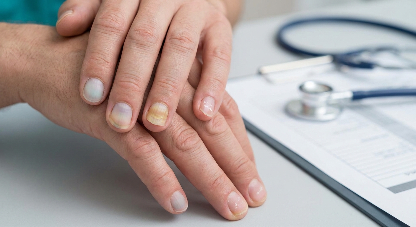 Close-up of hands with red nails holding a cigarette pack indoors.