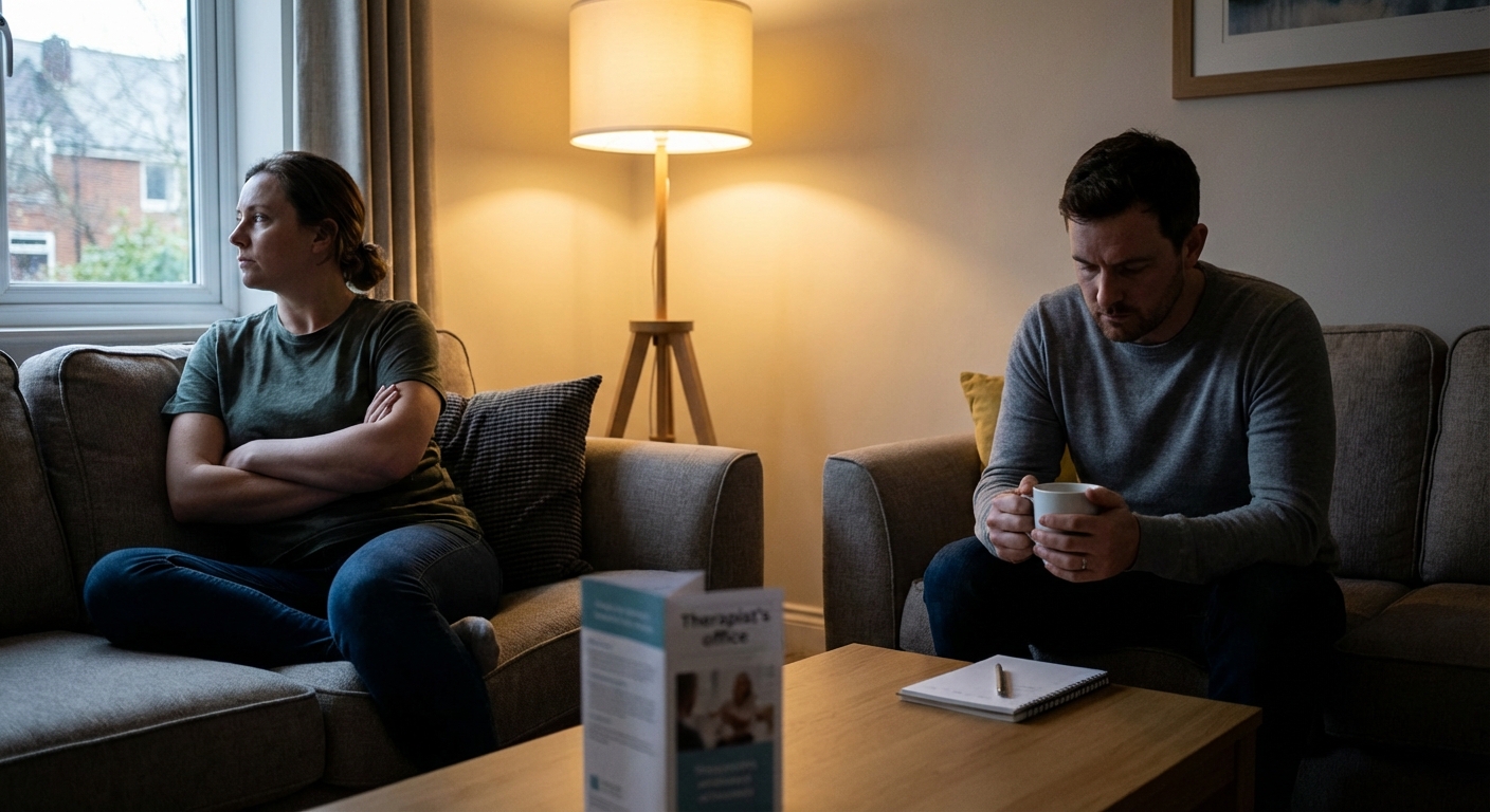 A couple sitting silently on a bed with tense expressions, suggesting conflict and emotional struggles.
