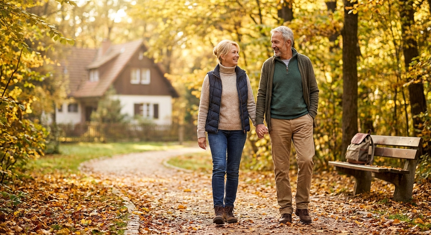A young couple carries a large cardboard box up a wooden staircase, symbolizing the moving process.