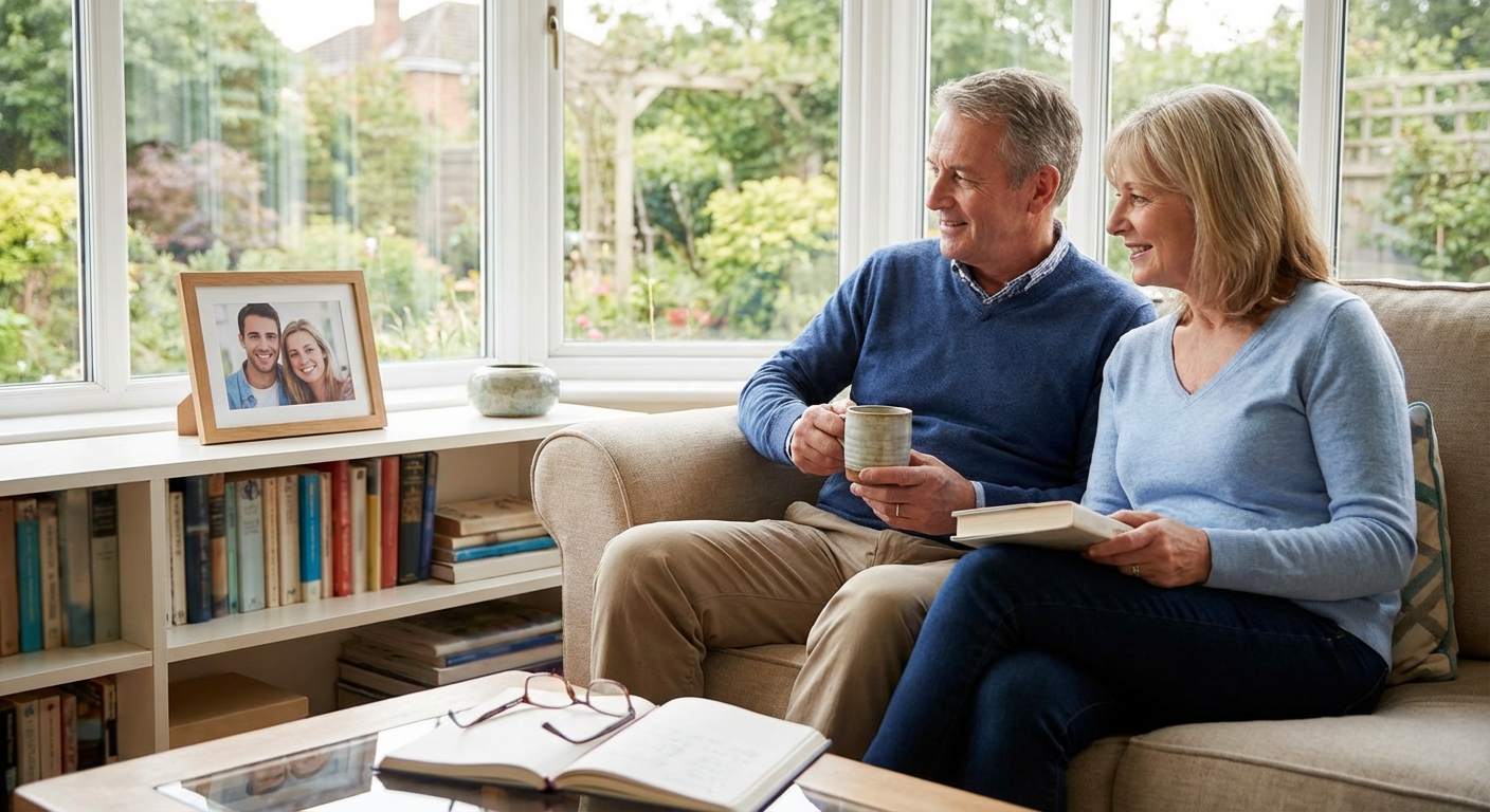 Smiling couple unpacking boxes in their new home kitchen, ready for a fresh start.