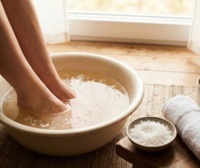 Feet with red pedicure standing on wooden acupressure boards for health benefits.