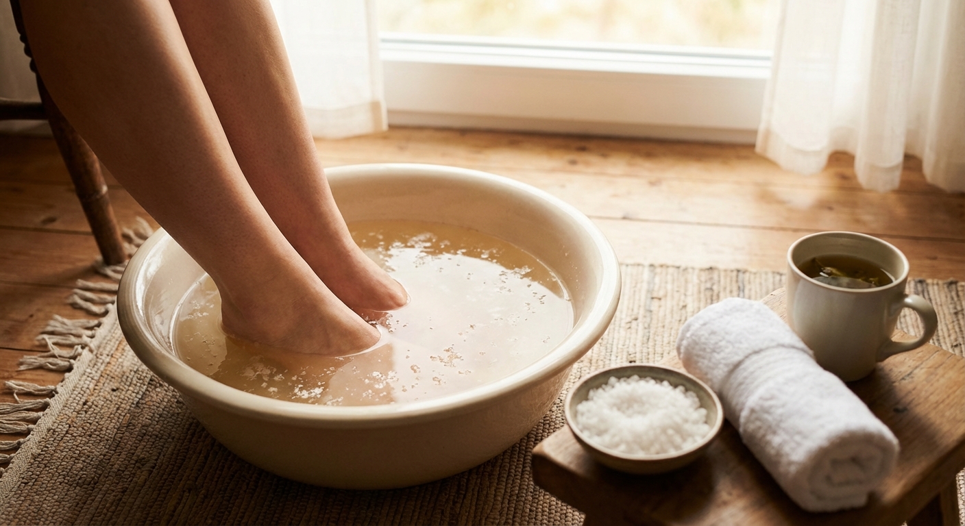 Feet with red pedicure standing on wooden acupressure boards for health benefits.