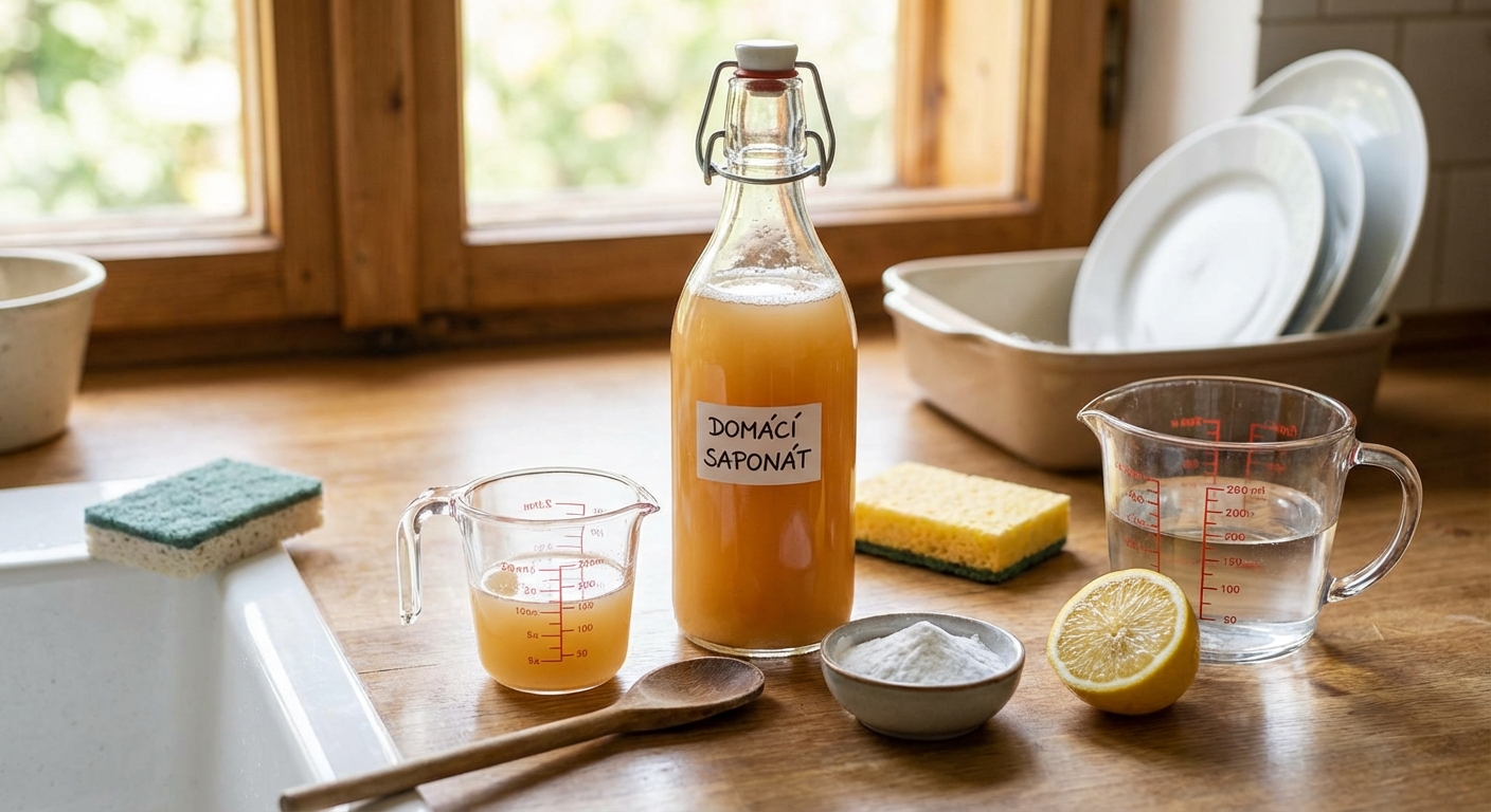 Person pouring green dishwashing soap onto a scrub pad in a kitchen setting.